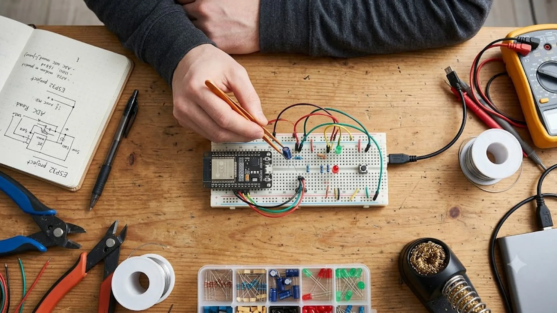 A top-down view of someone wiring an ESP32 microcontroller on a breadboard, surrounded by soldering and electronics tools.